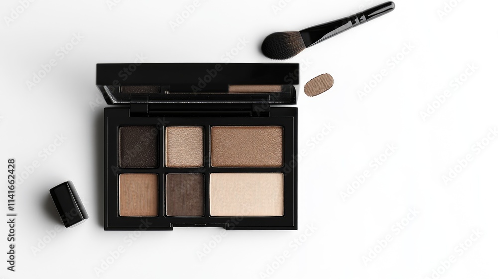 Poster a top view of a realistic black plastic eyeshadow palette with eyebrow brush applicator and various 