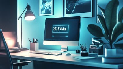 A minimalist workspace with a glowing "2025 Vision" document on a screen, emphasizing focus and determination for success, clean and modern