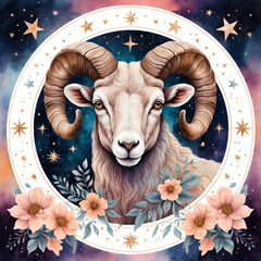 Aries zodiac sign with ram surrounded by flowers and celestial stars