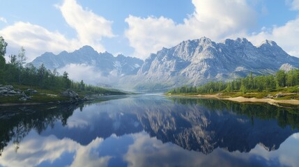 Fototapeta premium A tranquil lake mirroring the majestic peaks of a mountain range, surrounded by stunning natural beauty. Perfect for promoting outdoor exploration or environmental awareness.