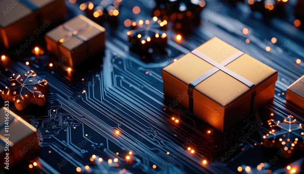 Poster a close-up view of circuit board components with golden squares, illuminated by glowing lights, show