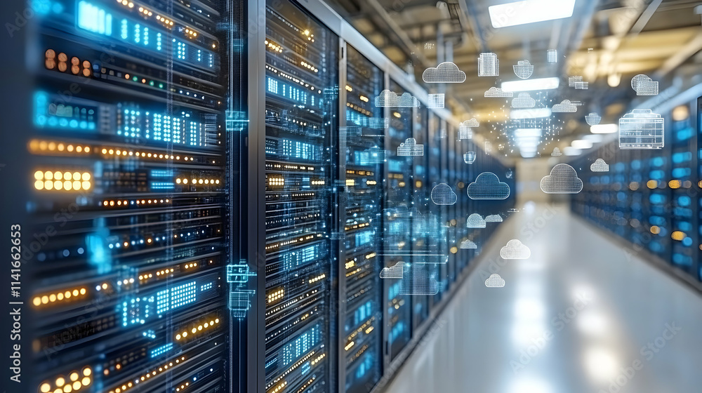 Poster data center server room with cloud computing icons.