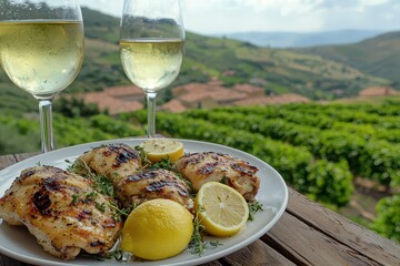 A picturesque outdoor dining scene featuring grilled chicken, lemon slices, and white wine, set against a lush vineyard landscape.