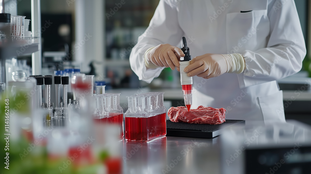 Poster scientist conducts experiment on meat with red liquid in lab setting during daylight hours
