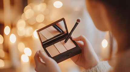 Woman's beauty blogger hands holding opened trendy professional hi-end concealer cosmetics box and makeup artist brush with blurred body background ai generative
