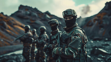 Group of masked individuals in camouflage clothing standing in rugged terrain with weapons, symbolizing resistance and rebellion, strong determined expressions.
