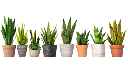 A variety of snake plants in pots arranged side by side, isolated on a transparent background