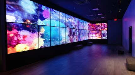A wall of digital video screens displaying multimedia content, ideal for illustrating entertainment, information, or digital technology concepts.