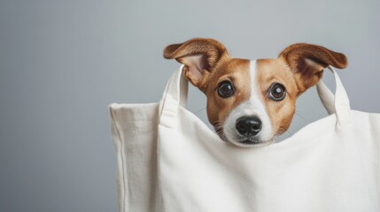 A white cotton tote bag mockup featuring a dog peeking out, ideal for advertising pet products or eco-friendly fashion. Simple and charming with a neutral background.