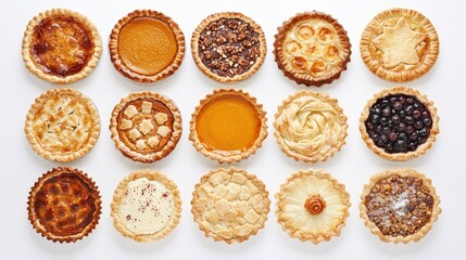 Fototapeta premium Traditional Thanksgiving pies with pumpkin pie in the middle overhead view on white 