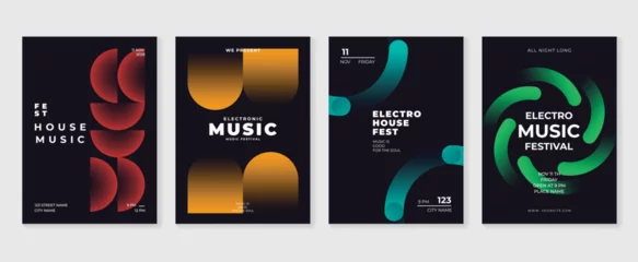 Music poster design background vector set. Electro Sound Cover template with vibrant abstract gradient geometric shape and line wave. Ideal design for social media, flyer, party, music festival, club.