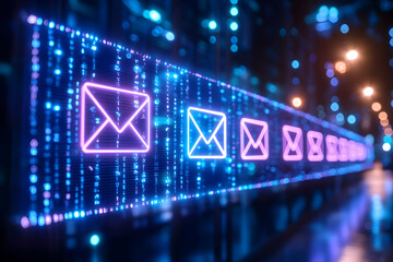 Digital email messages flowing through a server room.