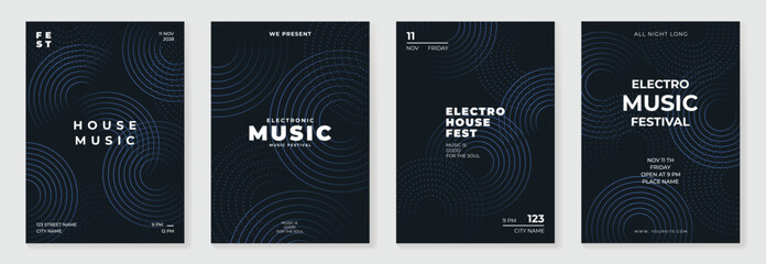 Music poster design background vector set. Electro Sound Cover template with vibrant abstract gradient geometric shape and line wave. Ideal design for social media, flyer, party, music festival, club.