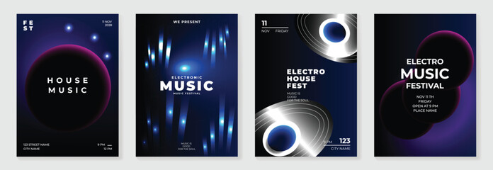 Music poster design background vector set. Electro Sound Cover template with vibrant abstract gradient geometric shape and line wave. Ideal design for social media, flyer, party, music festival, club.