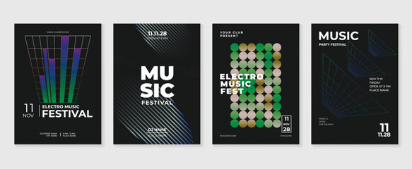 Music poster design background vector set. Electro Sound Cover template with vibrant abstract gradient geometric shape and line wave. Ideal design for social media, flyer, party, music festival, club.