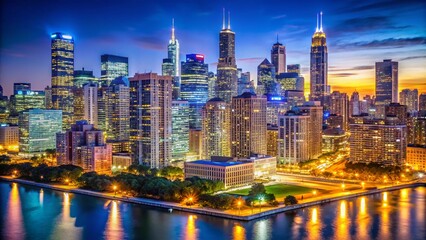 Fototapeta premium Chicago Night Skyline - Illuminated Cityscape, Urban Nightscape, City Lights, Architectural Wonders