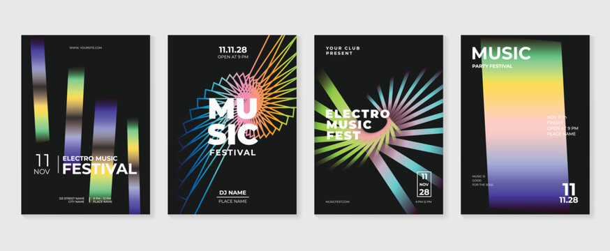 Music poster design background vector set. Electro Sound Cover template with vibrant abstract gradient geometric shape and line wave. Ideal design for social media, flyer, party, music festival, club.