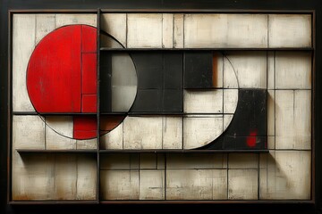 An abstract artwork featuring geometric shapes in red, black, and white, arranged in a captivating modern composition.