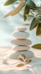 Fototapeta premium Tranquil harmony stacked stones on sand with gentle green accents