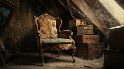 An antique chair sits abandoned in a dusty attic, surrounded by old trunks and cobwebs, evoking a sense of forgotten memories and untold stories.