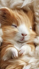 Obraz premium A cute, sleeping orange kitten nestled in soft, fluffy surroundings.