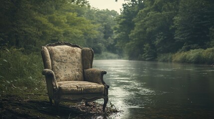 An antique chair sits abandoned by a tranquil riverside, evoking a sense of mystery and forgotten stories. 
