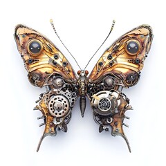 A steampunk-inspired butterfly sculpture made from metal and mechanical parts.