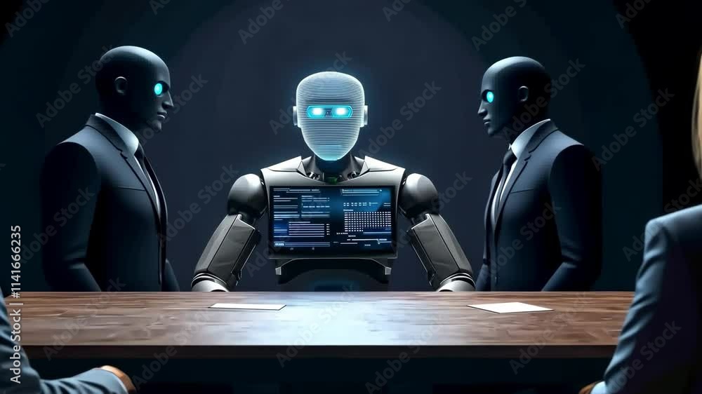 Poster ai-powered assistant enhancing human efficiency in the workplace concept, robots in suits analyzing 