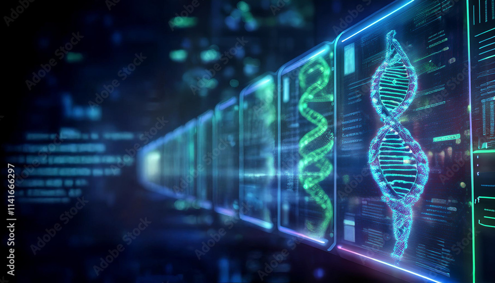 Poster genetic code sequence: futuristic digital screens display a vibrant dna double helix, symbolizing ge
