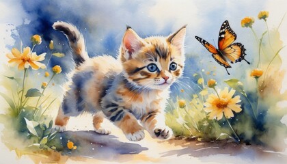 Obraz premium Watercolor illustration of playful kitten enjoying a sunny March day with blooming flowers and fluttering butterflies