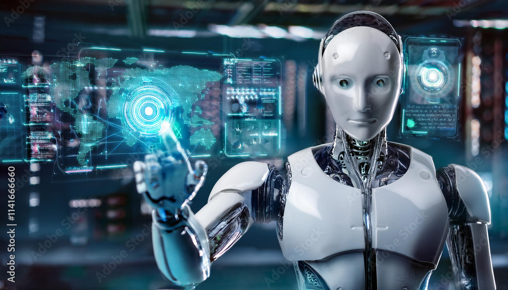 Poster ai interface: a humanoid robot interacts with a futuristic holographic display, its fingertip tracin