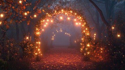 Obraz premium An autumn-themed arch with glowing light bulbs and garlands, creating a welcoming entrance in a misty, fall atmosphere. Perfect for Halloween or seasonal invitations.