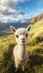 Obraz premium a baby alpaca taking a selfie in a grassy field with mountains in the background, high-quality camera, with color grading and hyper-realism.