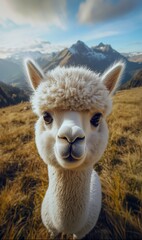 Obraz premium a baby alpaca taking a selfie in a grassy field with mountains in the background, high-quality camera, with color grading and hyper-realism.