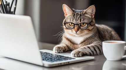 Humorous Cat Analyst at Work in a Modern Office Setting