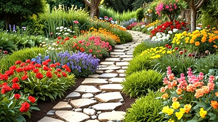 Fototapeta premium A stunning garden path lined with vibrant flowers in red, yellow, purple, and white, inviting visitors to explore the lush greenery and colorful blooms.