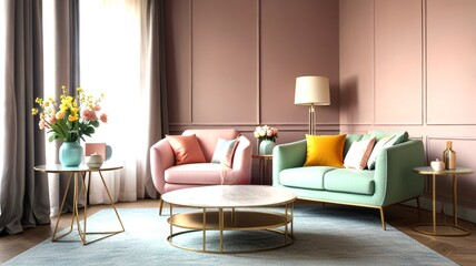 A cozy living room design features pastel-colored sofas, gold accents, and fresh flowers, creating a welcoming and stylish atmosphere perfect for relaxation.
