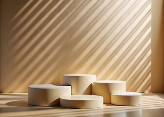 Elegant Cream Podiums, Sunlight Display, Beige Background