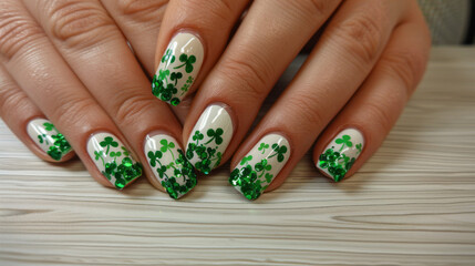 a manicure with shamrock designs in a stylish nail salon, for St. Patrick's Day