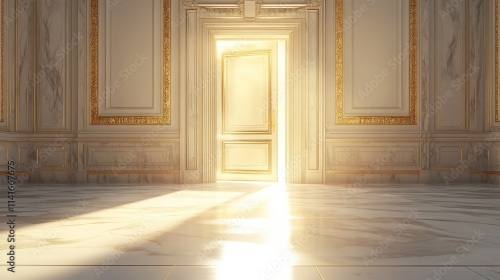 Poster An open door with golden light streaming through, set in an empty room with white marble floors and gold-trimmed walls. Ideal for luxury or architectural ads.