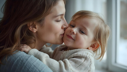 Loving mother tenderly kissing her baby while cuddling together on a cozy bed in a warm and peaceful