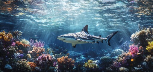 Fototapeta premium Majestic Shark Swimming Gracefully Through Vibrant Coral Reef Under Bright Sunlight in Crystal Clear Ocean Waters