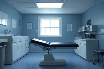 Fototapeta premium Empty medical examination room with an examination table, cabinets, and medical equipment.