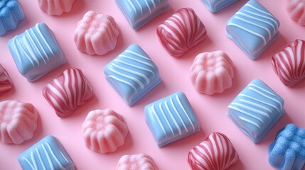 A colorful assortment of decorative chocolates arranged on a pastel background.
