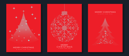Merry Christmas and Happy New Year greeting card vector set. Luxury invitation with Christmas tree, bauble, spot texture on red background. Design illustration for season's card, ads.