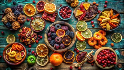Rustic wood backdrop showcases vibrant dried fruit, a still life capturing urban exploration's unexpected beauty.