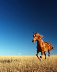 Obraz premium A horse gallops through a golden field under a clear blue sky.