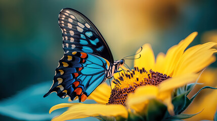 orange and blue butterfly sitting on yellow sunflower with colorful detailed wings