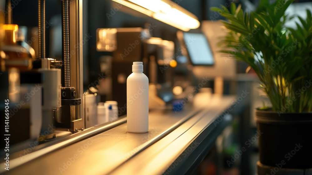 Poster close-up of a white plastic bottle moving on an automatic conveyor belt, with capping and labeling m