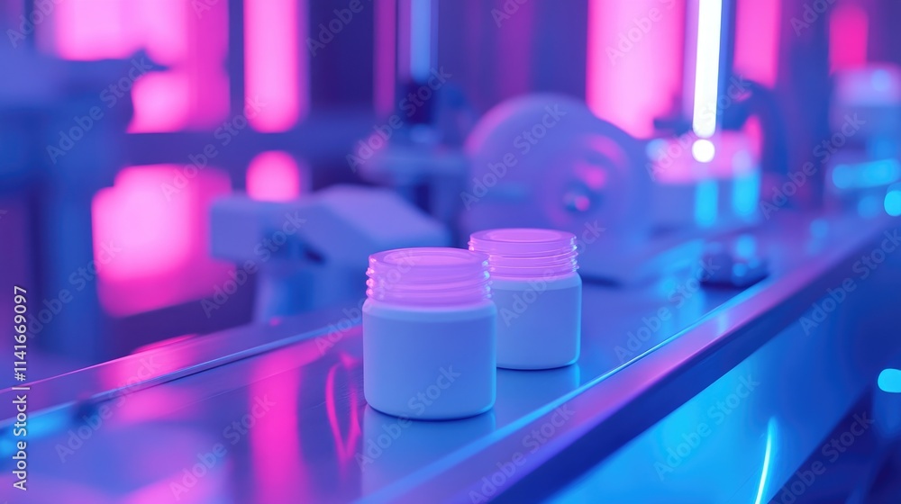 Poster close-up of a white plastic bottle moving on an automatic conveyor belt, with capping and labeling m